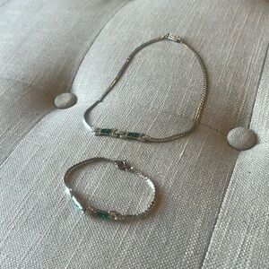 Vintage Silver Toner Faux Emerald Bracelet & Necklace Two Piece Set